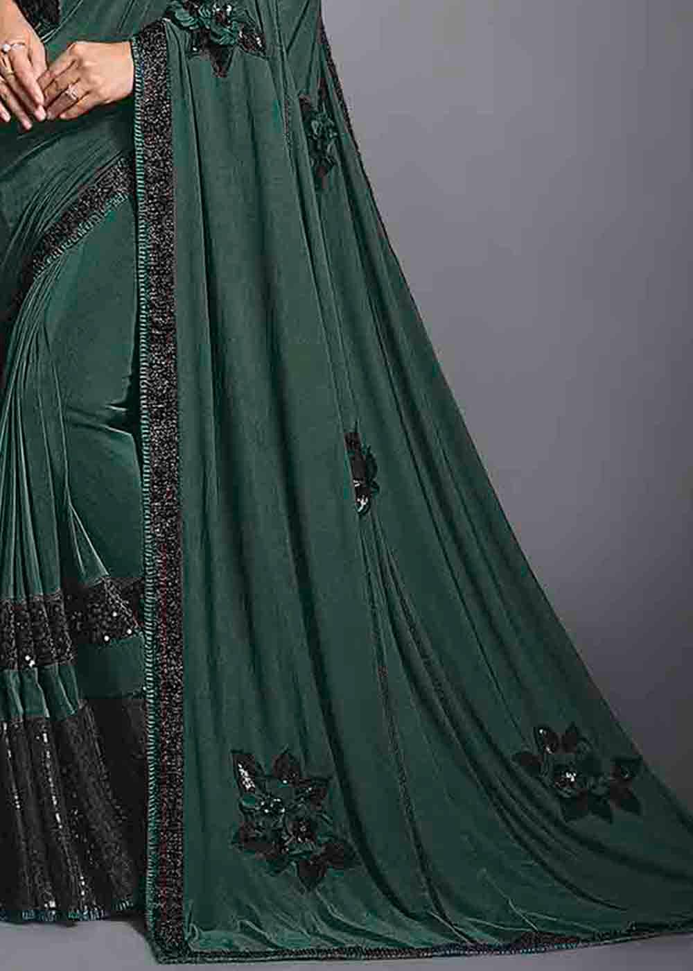 Sacramento Green Designer Lycra Saree with Sequins Embroidery & Applique work | Stitched Blouse - qivii