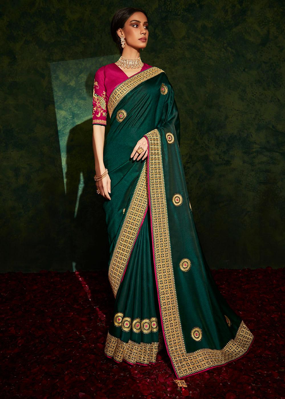 Sacramento Green Designer Silk Saree with Contrast Blouse | Stitched Blouse - qivii