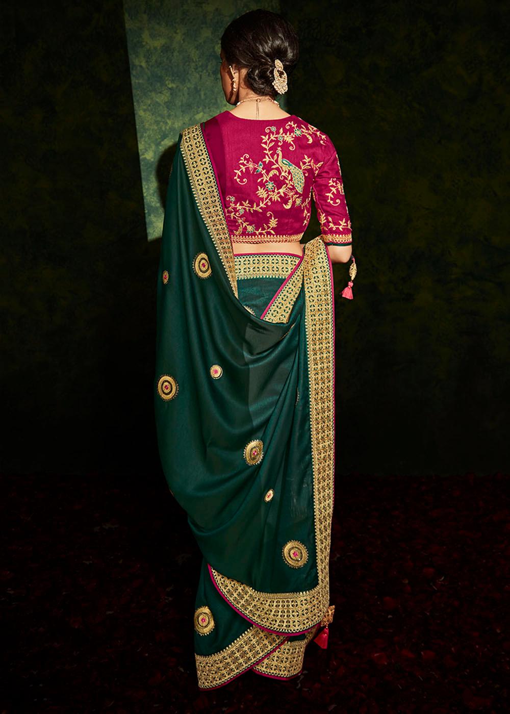 Sacramento Green Designer Silk Saree with Contrast Blouse | Stitched Blouse - qivii