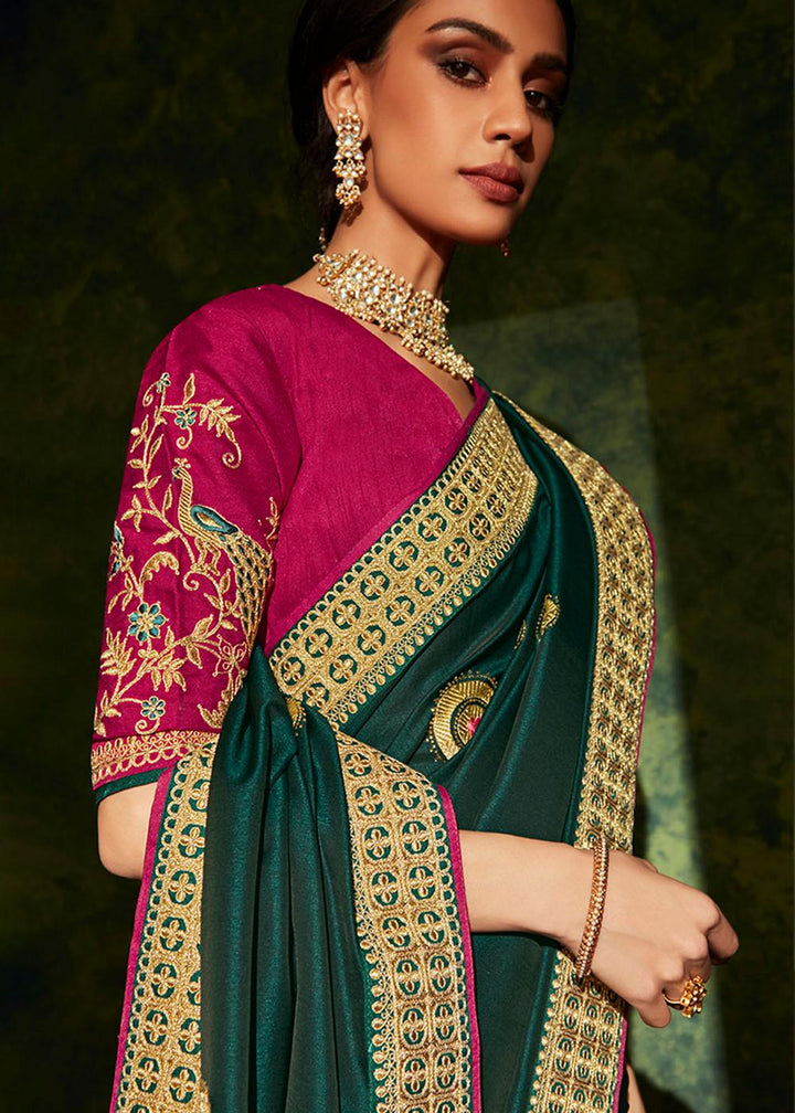 Sacramento Green Designer Silk Saree with Contrast Blouse | Stitched Blouse - qivii