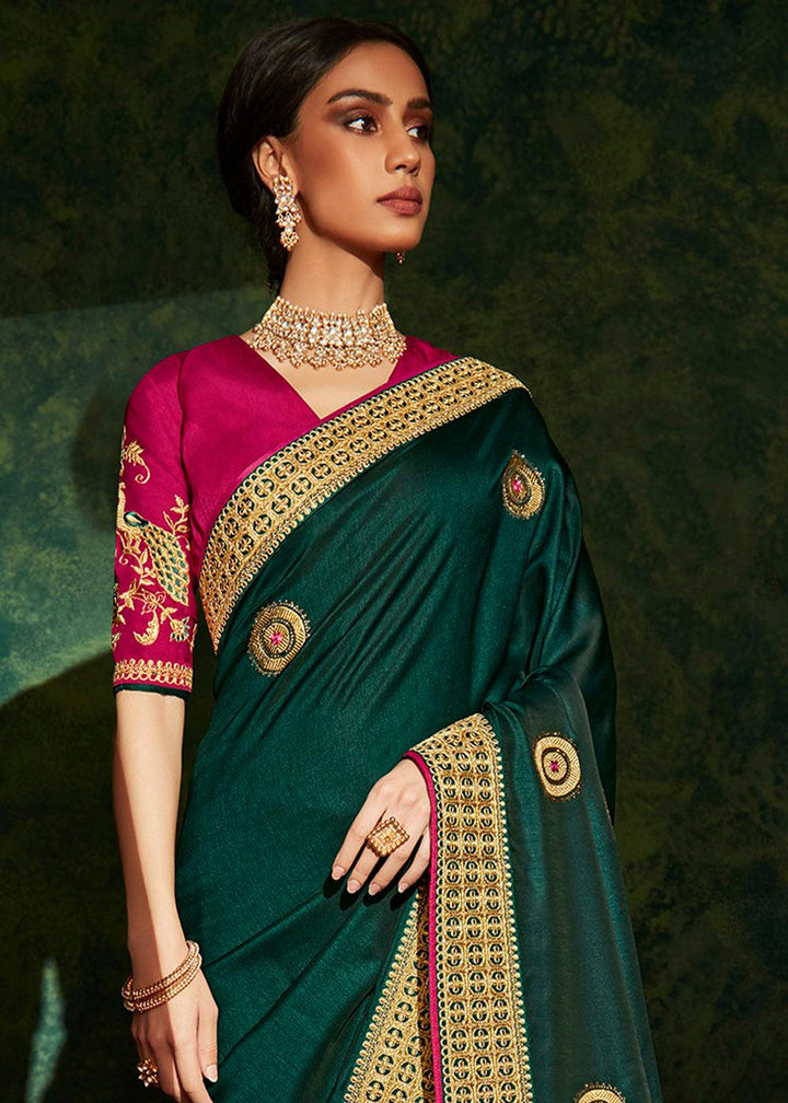 Sacramento Green Designer Silk Saree with Contrast Blouse | Stitched Blouse - qivii