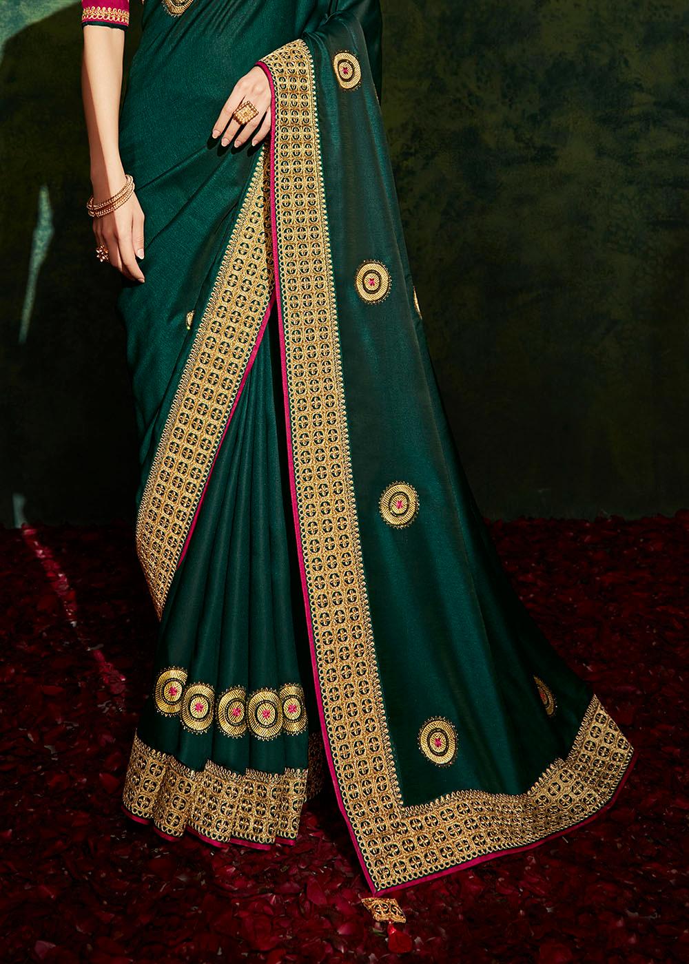 Sacramento Green Designer Silk Saree with Contrast Blouse | Stitched Blouse - qivii