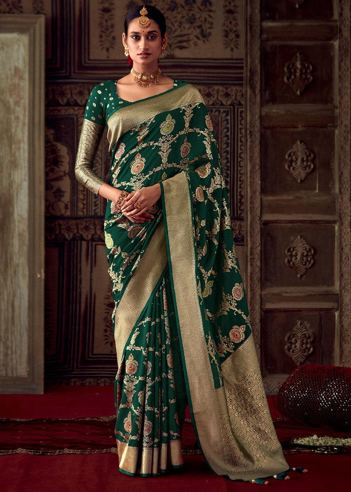 Sacramento Green Meenakari Weaving Dola Silk Saree - qivii