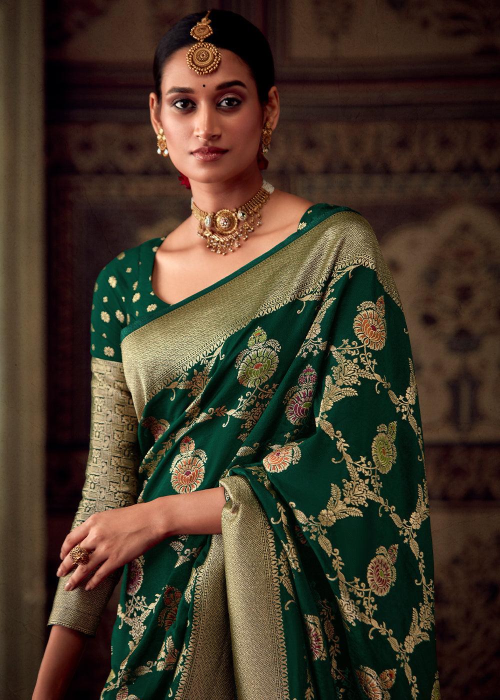 Sacramento Green Meenakari Weaving Dola Silk Saree - qivii