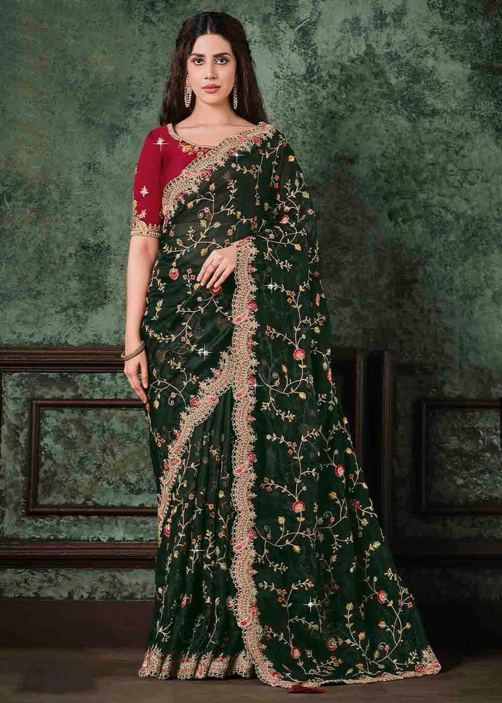 Sacramento Green Organza Saree with Resham, Zari & Cord Embroidery | Stitched Blouse - qivii