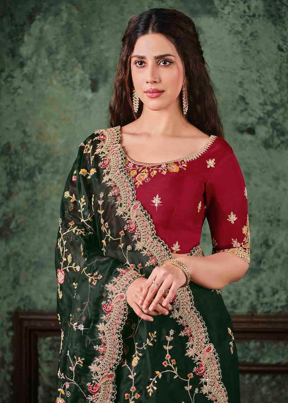 Sacramento Green Organza Saree with Resham, Zari & Cord Embroidery | Stitched Blouse - qivii