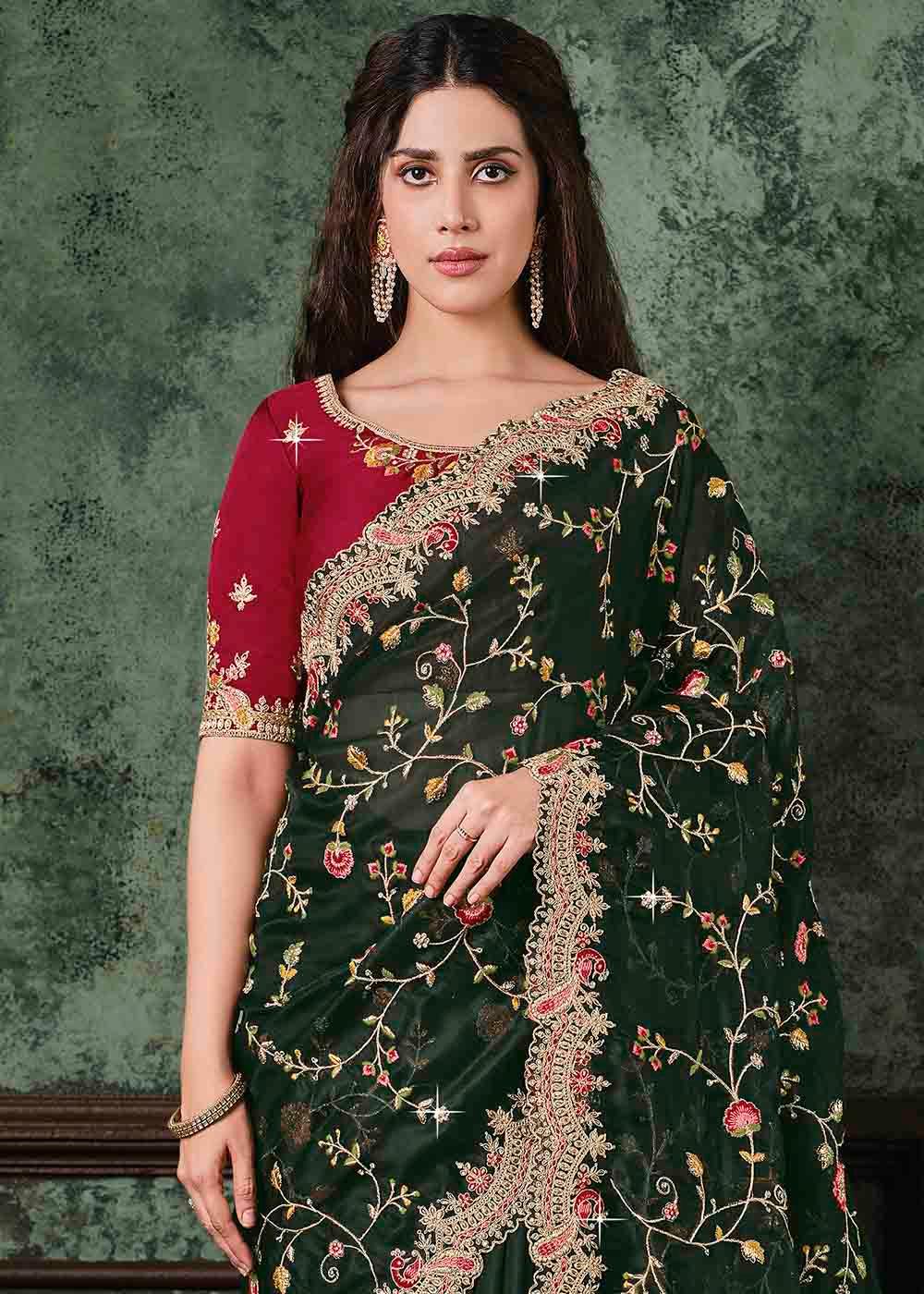 Sacramento Green Organza Saree with Resham, Zari & Cord Embroidery | Stitched Blouse - qivii