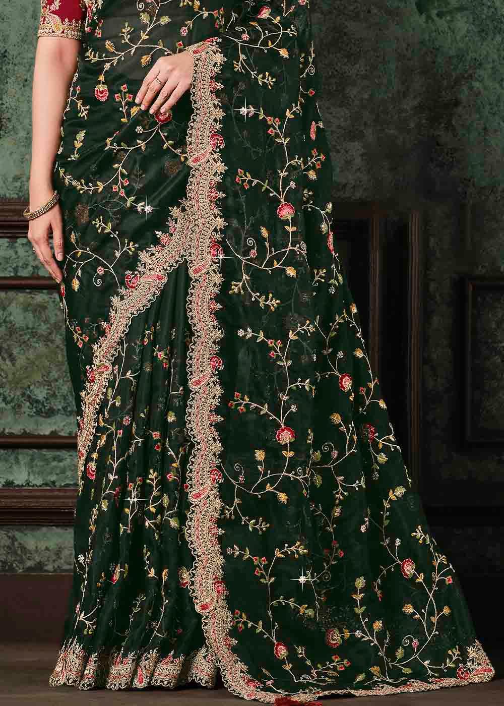 Sacramento Green Organza Saree with Resham, Zari & Cord Embroidery | Stitched Blouse - qivii