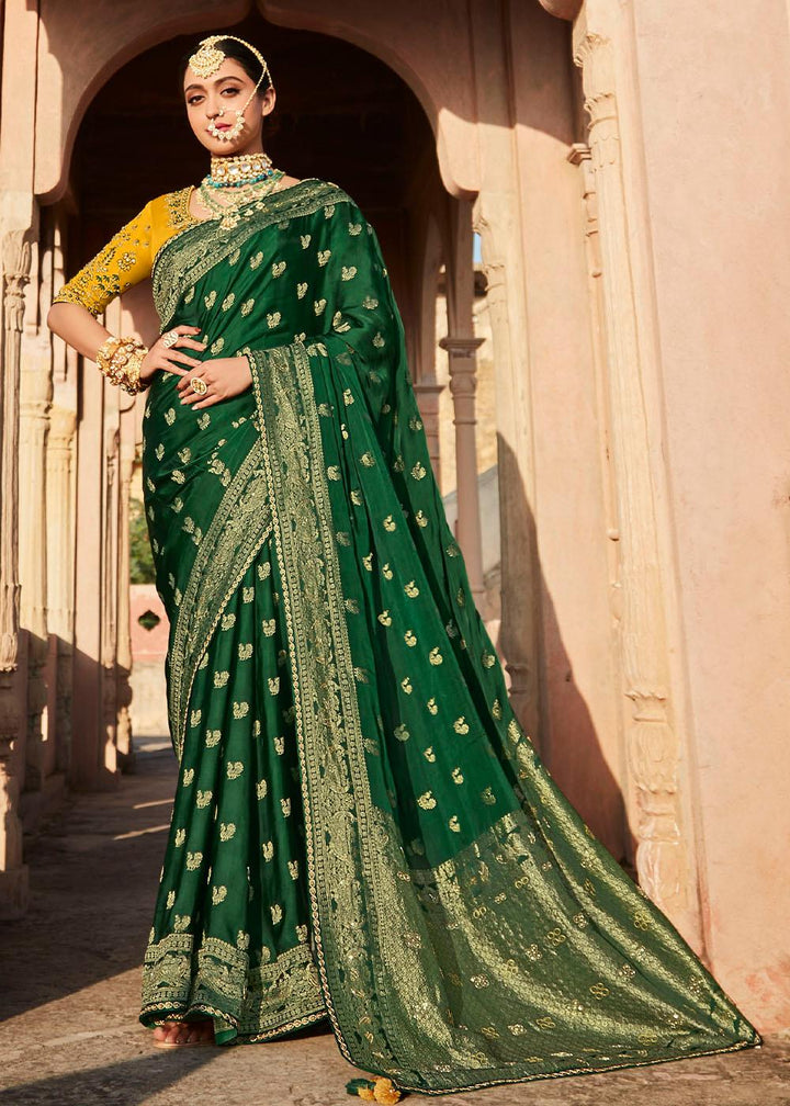 Sacramento Green Woven Banarasi Silk Saree with Embroidered Blouse | Stitched Blouse - qivii