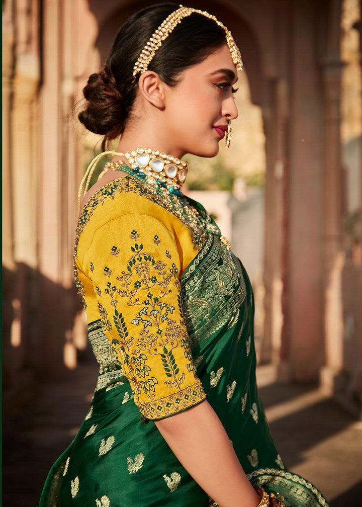 Sacramento Green Woven Banarasi Silk Saree with Embroidered Blouse | Stitched Blouse - qivii