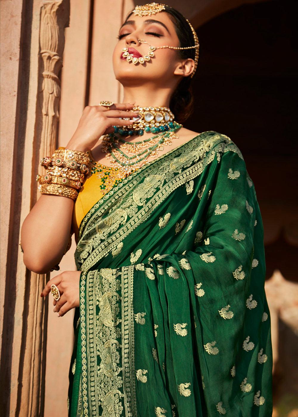 Sacramento Green Woven Banarasi Silk Saree with Embroidered Blouse | Stitched Blouse - qivii