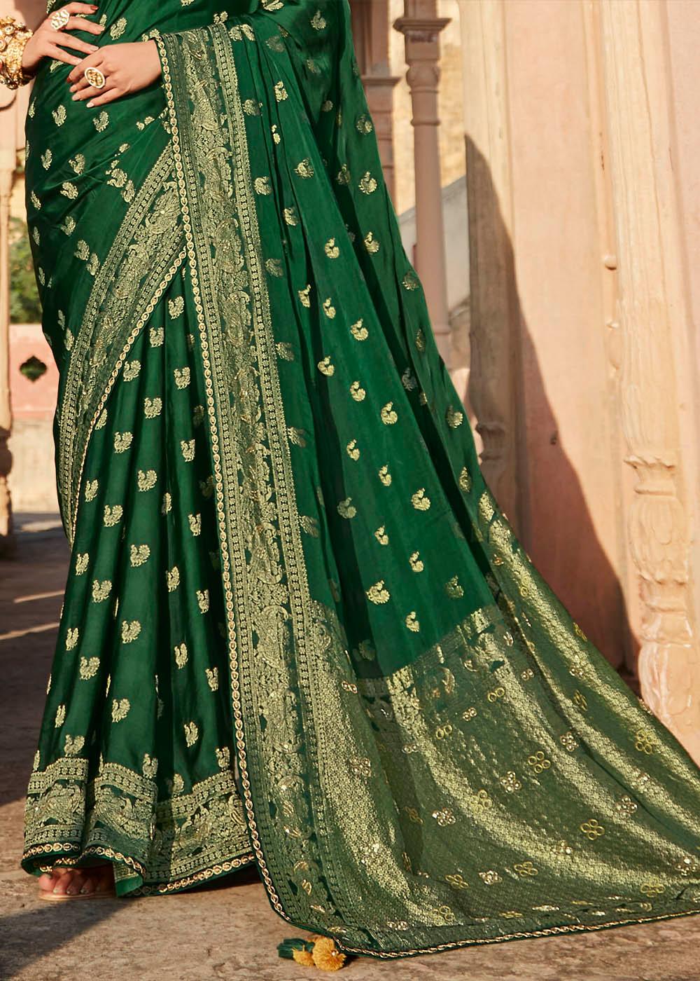 Sacramento Green Woven Banarasi Silk Saree with Embroidered Blouse | Stitched Blouse - qivii