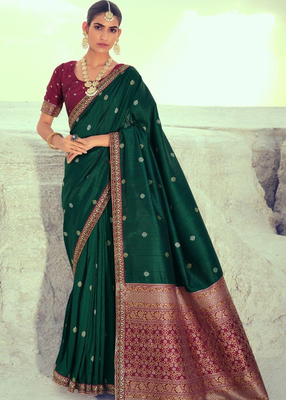 Sacramento Green Woven Banarasi Silk Saree with Embroidered Border & Swarovski work | Stitched Blouse - qivii