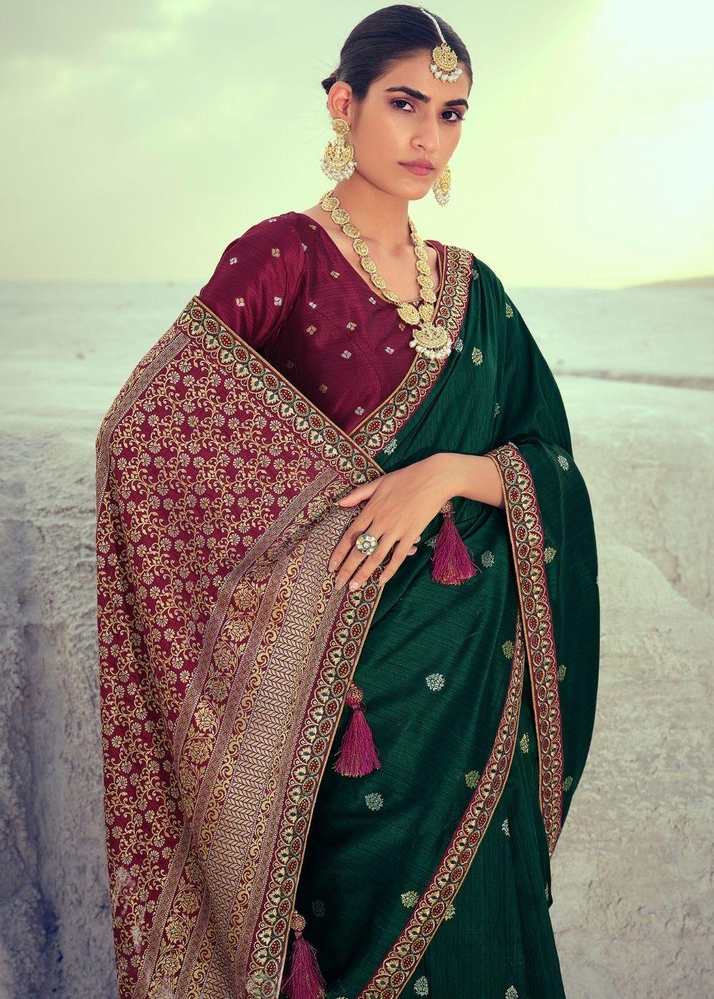 Sacramento Green Woven Banarasi Silk Saree with Embroidered Border & Swarovski work | Stitched Blouse - qivii