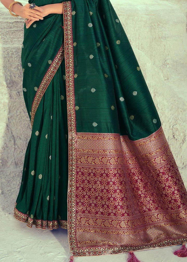 Sacramento Green Woven Banarasi Silk Saree with Embroidered Border & Swarovski work | Stitched Blouse - qivii