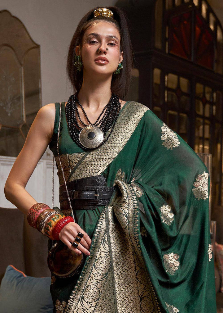 Sacramento Green Woven Khaddi Georgette Silk Saree | Stitched Blouse - qivii