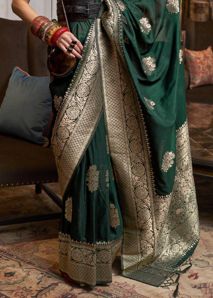 Sacramento Green Woven Khaddi Georgette Silk Saree | Stitched Blouse - qivii