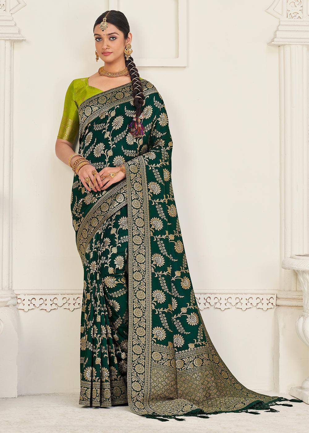 Sacramento Green Zari Woven Dola Silk Saree | Stitched Blouse - qivii