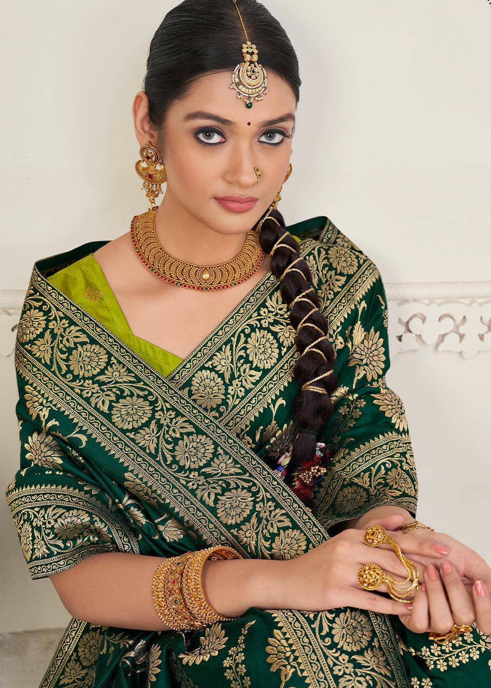 Sacramento Green Zari Woven Dola Silk Saree | Stitched Blouse - qivii