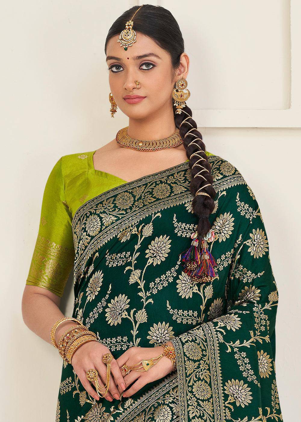 Sacramento Green Zari Woven Dola Silk Saree | Stitched Blouse - qivii