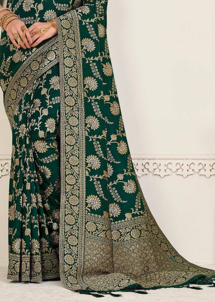 Sacramento Green Zari Woven Dola Silk Saree | Stitched Blouse - qivii