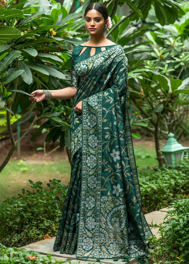 Sacramento Green Zari Woven Floral Tussar Silk Saree | Stitched Blouse - qivii