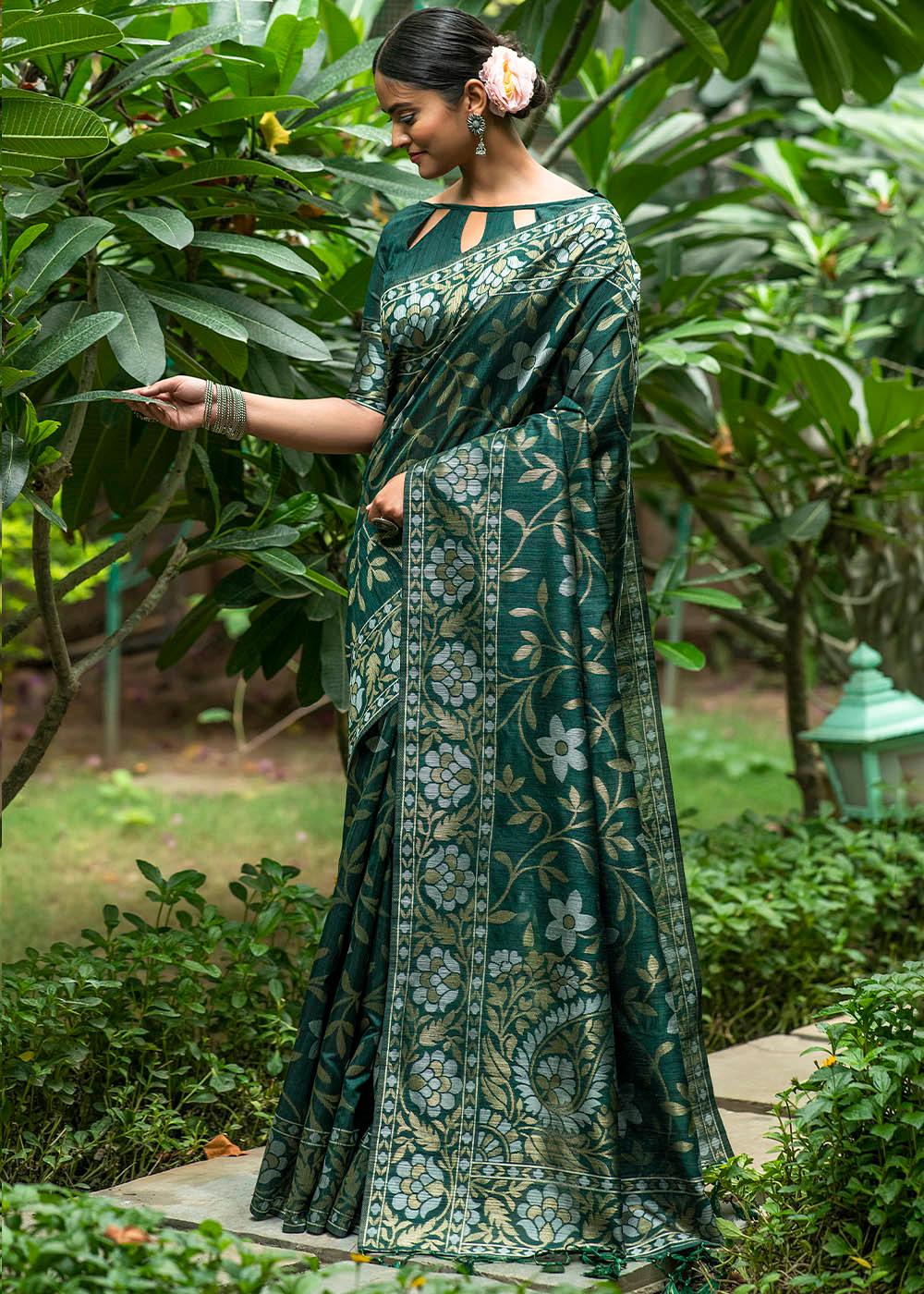 Sacramento Green Zari Woven Floral Tussar Silk Saree | Stitched Blouse - qivii