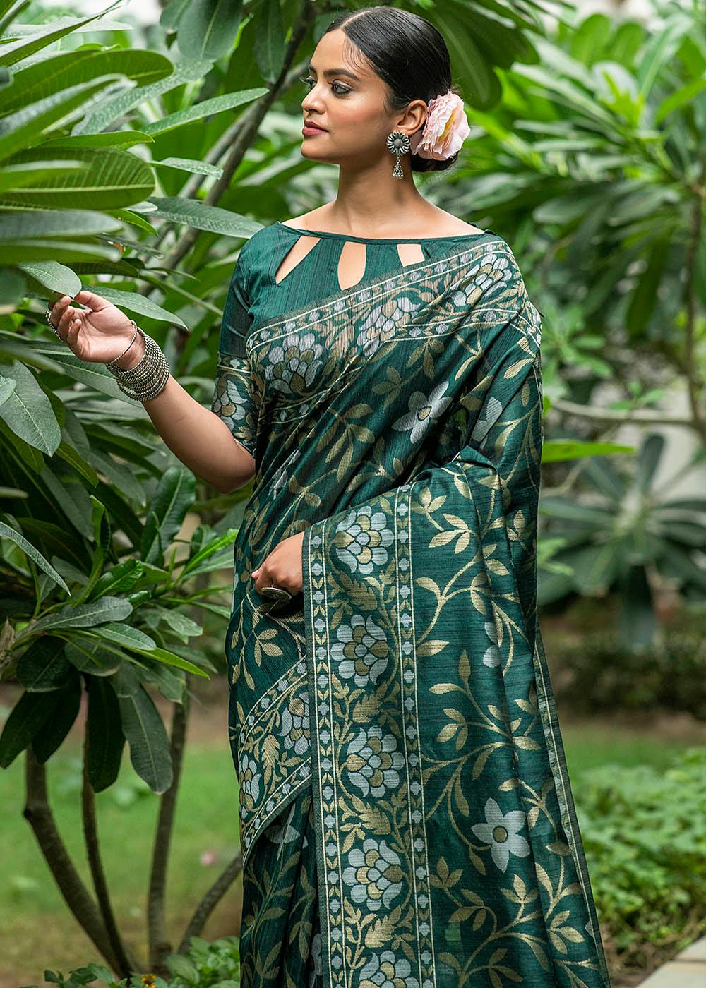 Sacramento Green Zari Woven Floral Tussar Silk Saree | Stitched Blouse - qivii