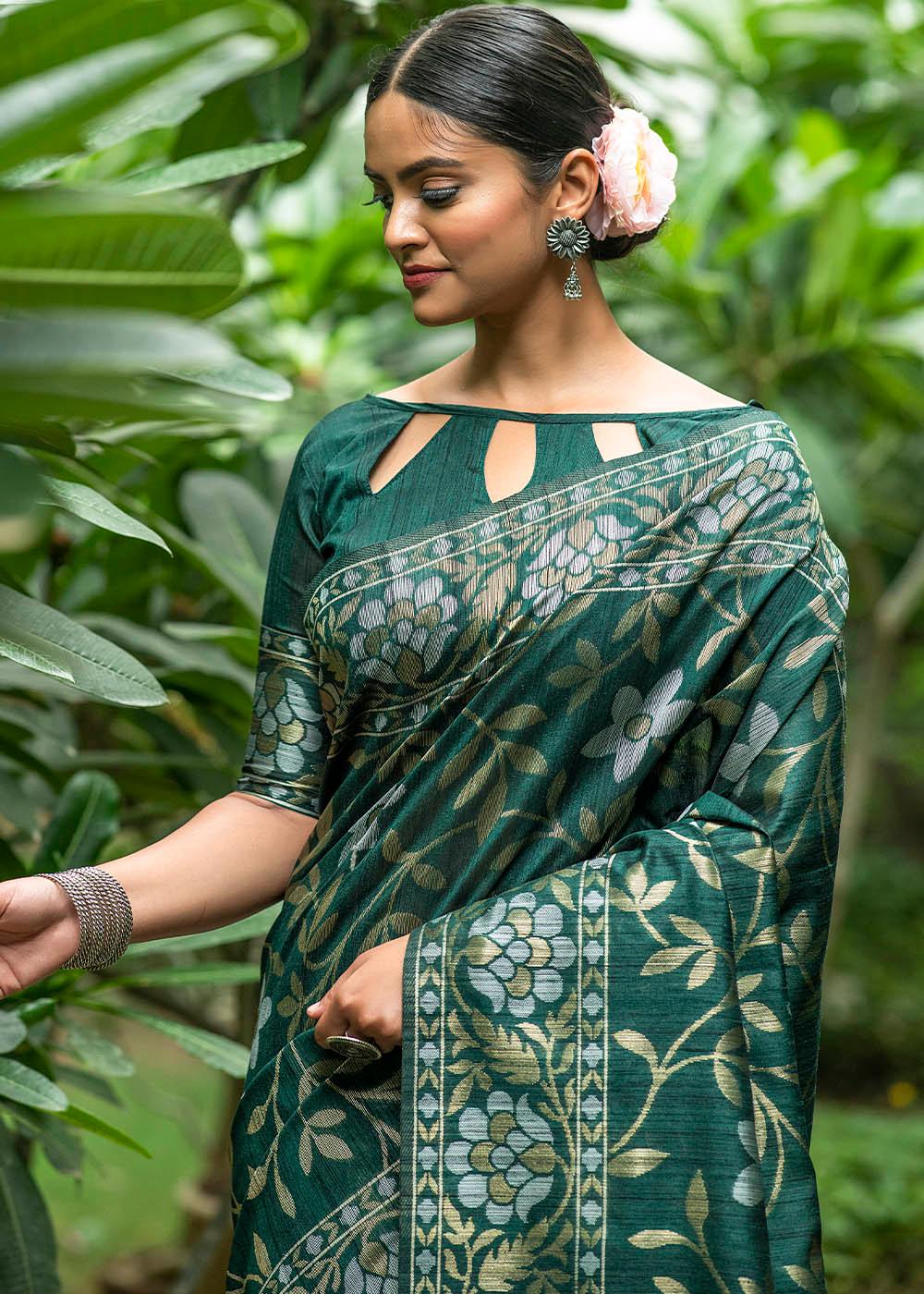 Sacramento Green Zari Woven Floral Tussar Silk Saree | Stitched Blouse - qivii