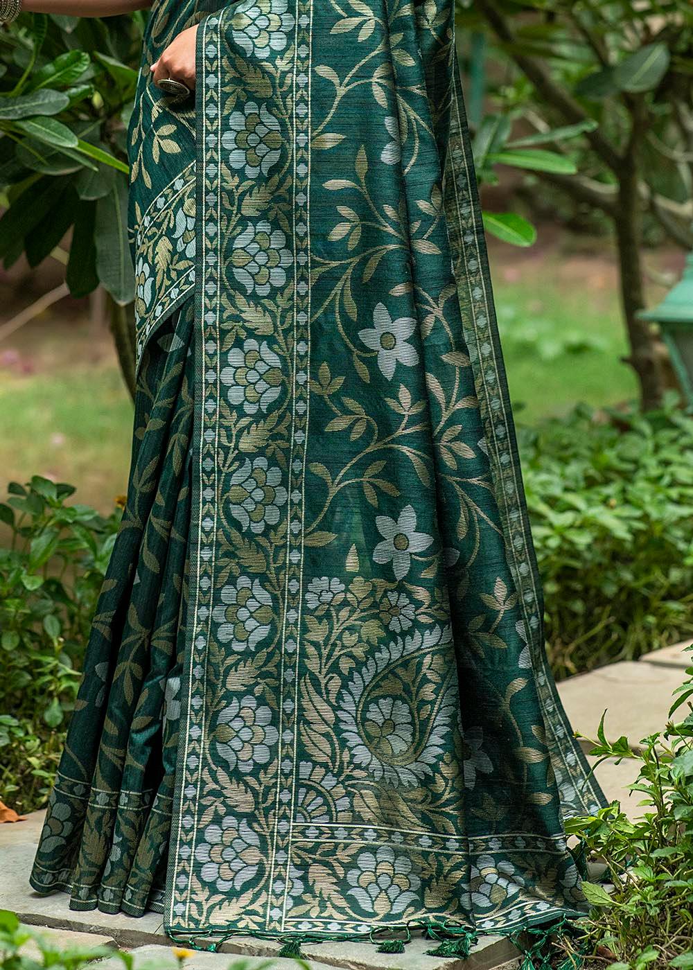 Sacramento Green Zari Woven Floral Tussar Silk Saree | Stitched Blouse - qivii