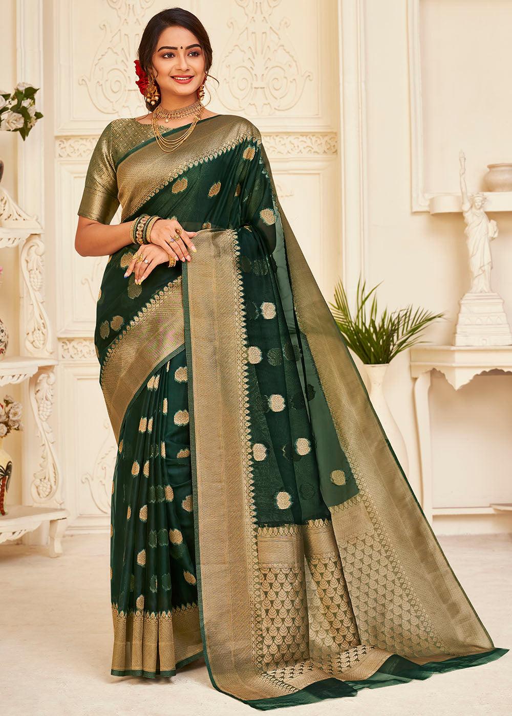 Sacramento Green Zari Woven Organza Silk Saree | Stitched Blouse - qivii