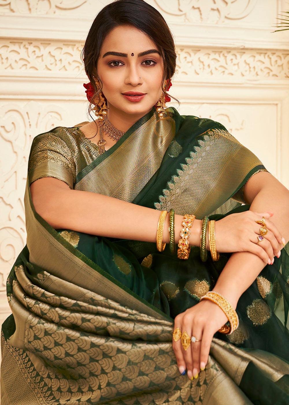 Sacramento Green Zari Woven Organza Silk Saree | Stitched Blouse - qivii