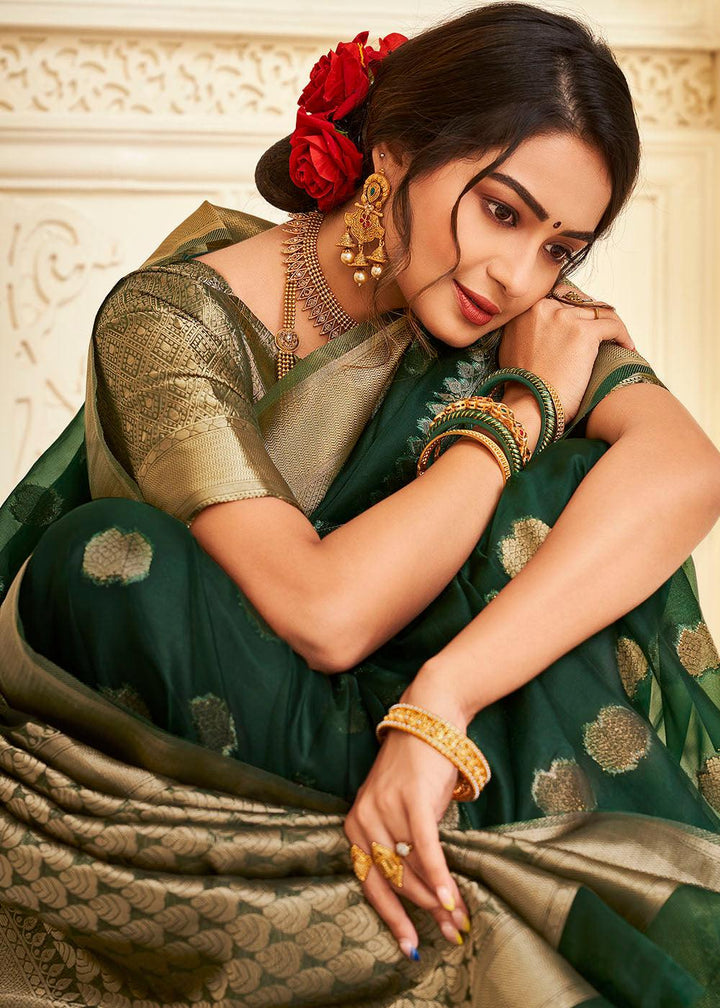 Sacramento Green Zari Woven Organza Silk Saree | Stitched Blouse - qivii