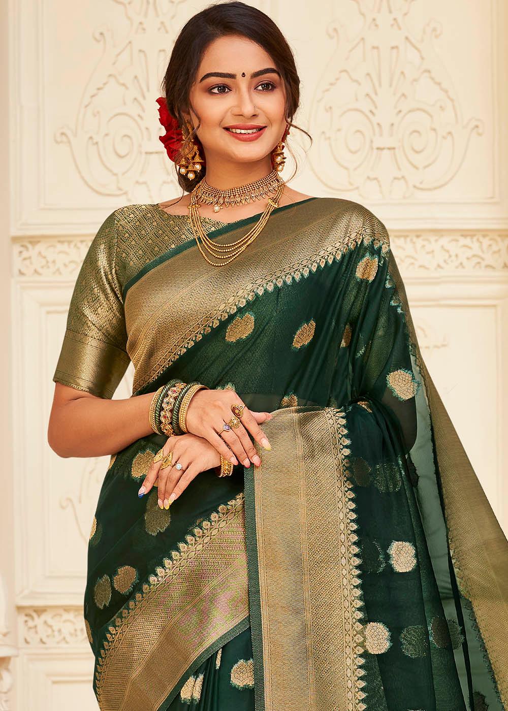 Sacramento Green Zari Woven Organza Silk Saree | Stitched Blouse - qivii