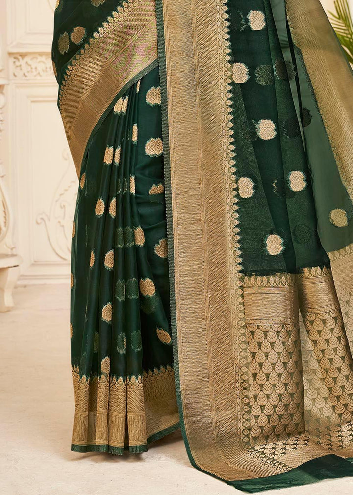 Sacramento Green Zari Woven Organza Silk Saree | Stitched Blouse - qivii