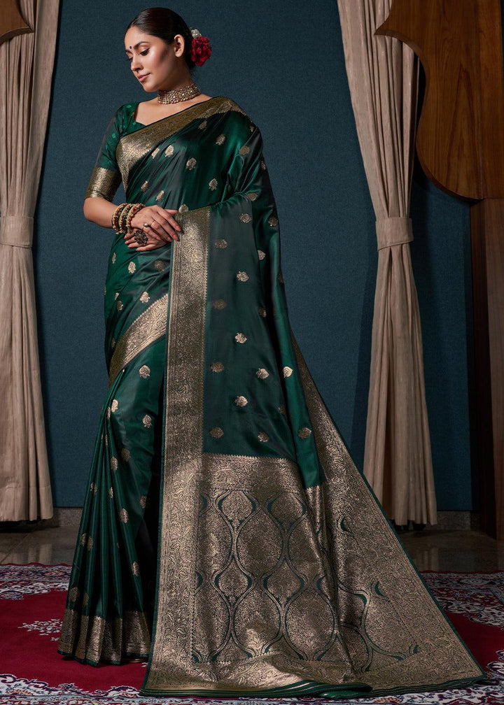 Sacramento Green Zari Woven Satin Silk Saree - qivii