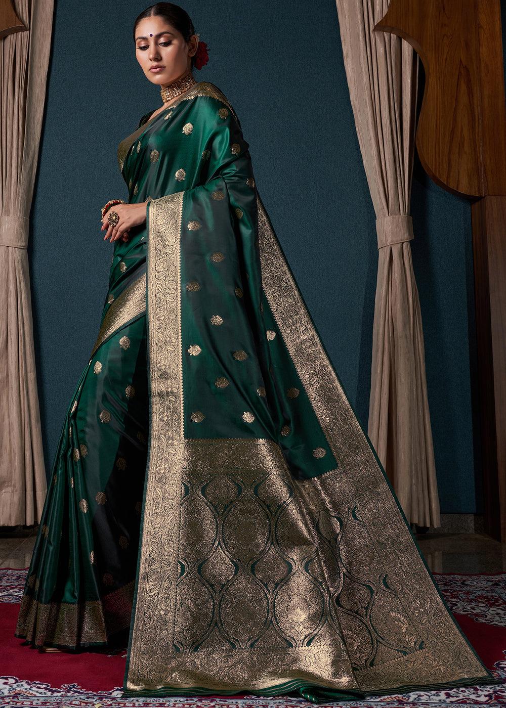 Sacramento Green Zari Woven Satin Silk Saree - qivii