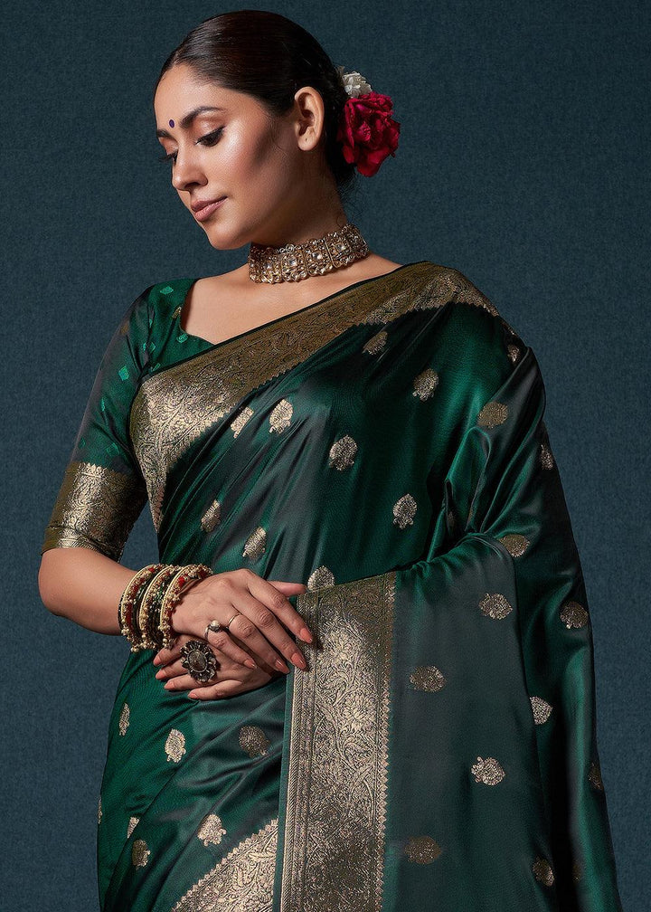 Sacramento Green Zari Woven Satin Silk Saree - qivii