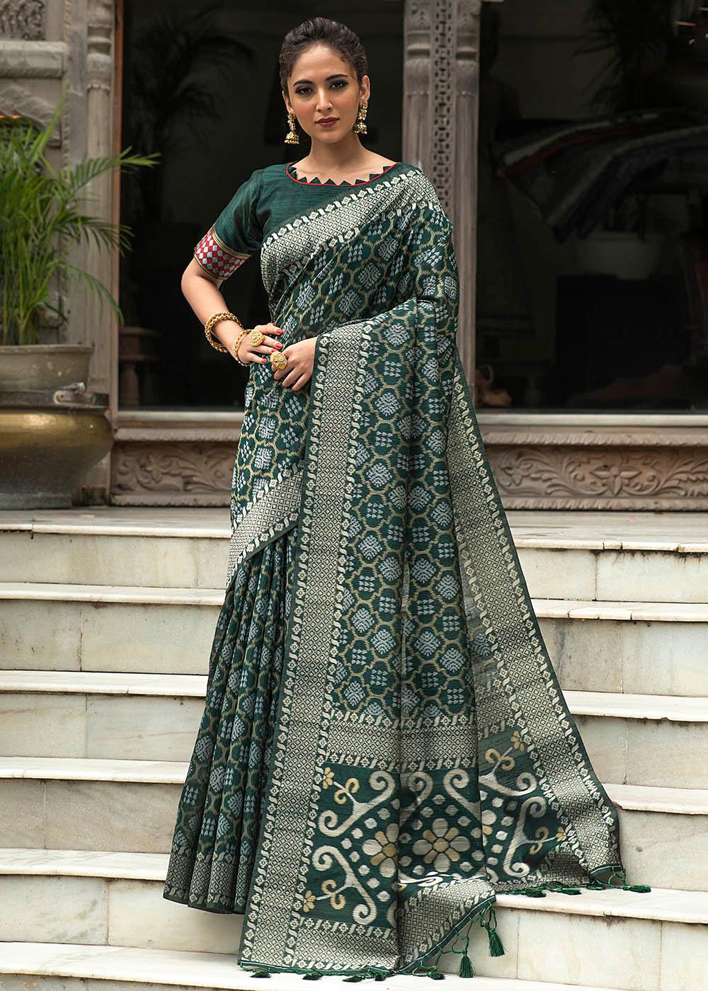 Sacramento Green Zari Woven Tussar Silk Saree | Stitched Blouse - qivii