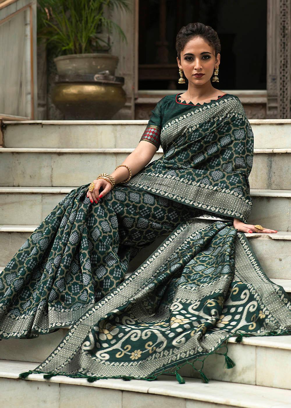 Sacramento Green Zari Woven Tussar Silk Saree | Stitched Blouse - qivii