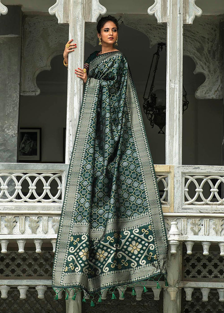 Sacramento Green Zari Woven Tussar Silk Saree | Stitched Blouse - qivii