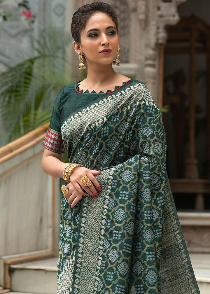 Sacramento Green Zari Woven Tussar Silk Saree | Stitched Blouse - qivii