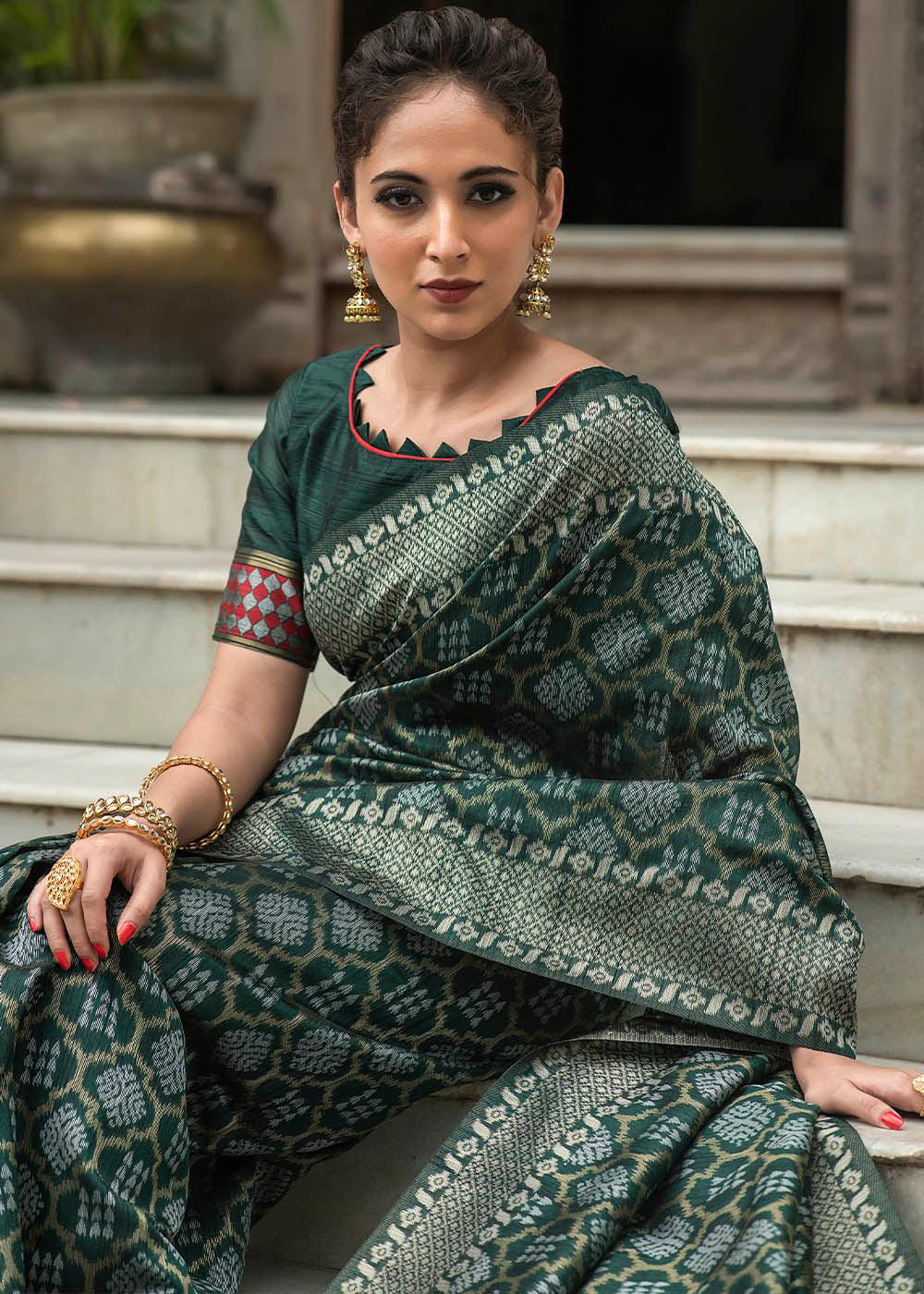 Sacramento Green Zari Woven Tussar Silk Saree | Stitched Blouse - qivii