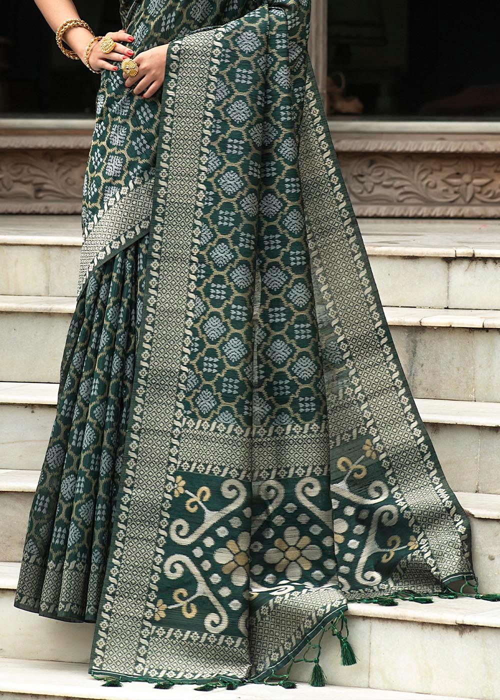 Sacramento Green Zari Woven Tussar Silk Saree | Stitched Blouse - qivii