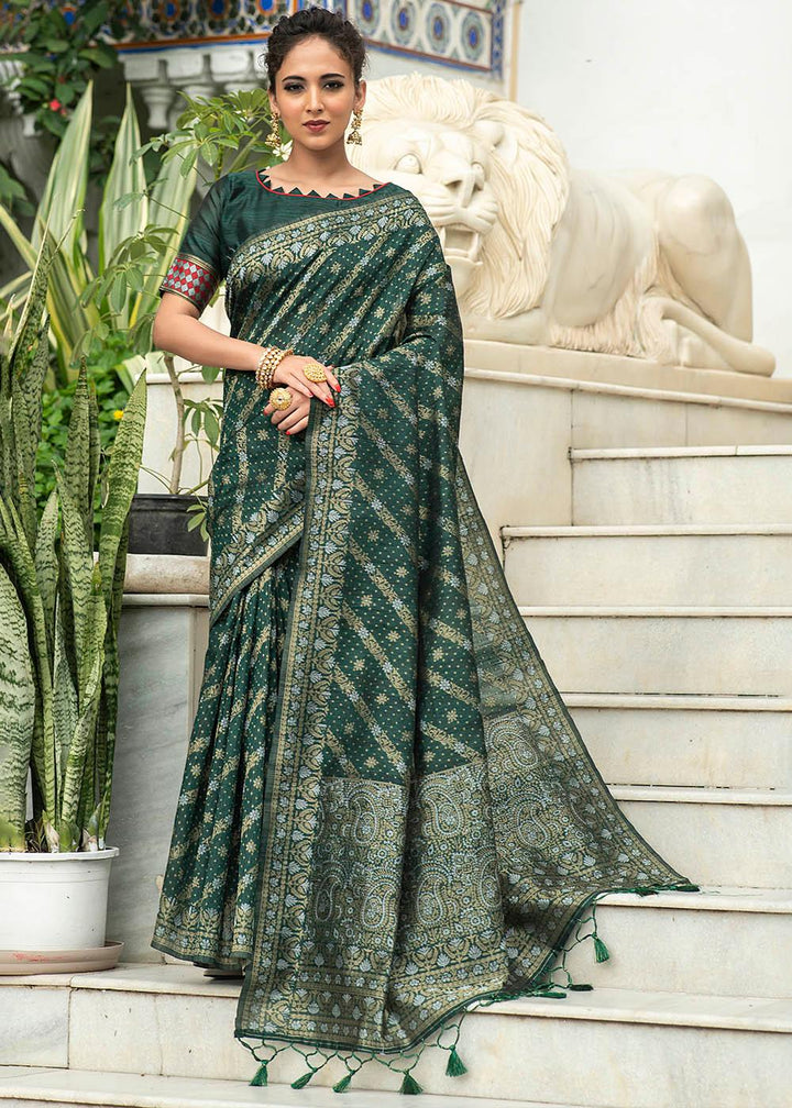 Sacramento Green Zari Woven Tussar Silk Saree with Tassels on Pallu | Stitched Blouse - qivii