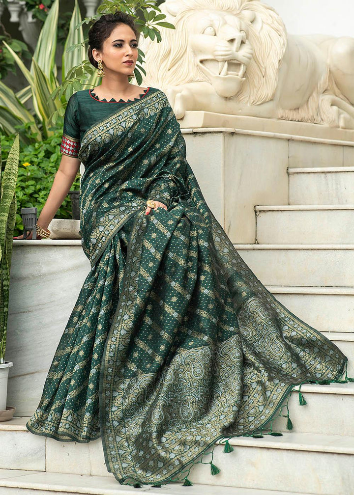 Sacramento Green Zari Woven Tussar Silk Saree with Tassels on Pallu | Stitched Blouse - qivii