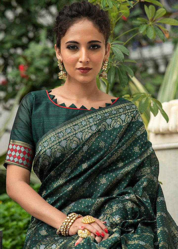 Sacramento Green Zari Woven Tussar Silk Saree with Tassels on Pallu | Stitched Blouse - qivii