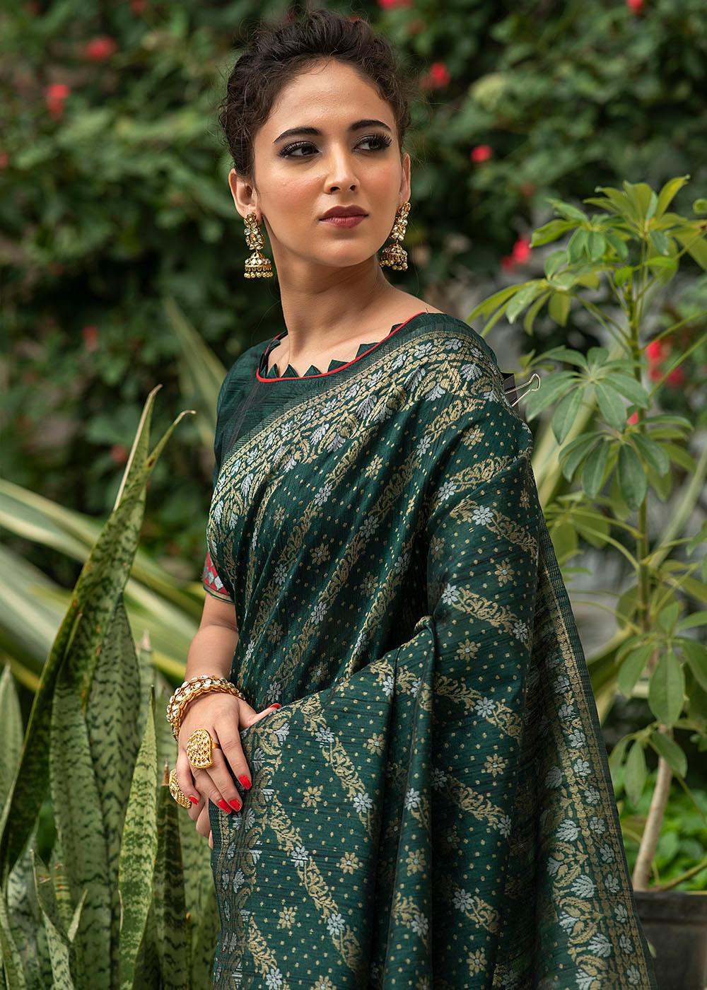 Sacramento Green Zari Woven Tussar Silk Saree with Tassels on Pallu | Stitched Blouse - qivii