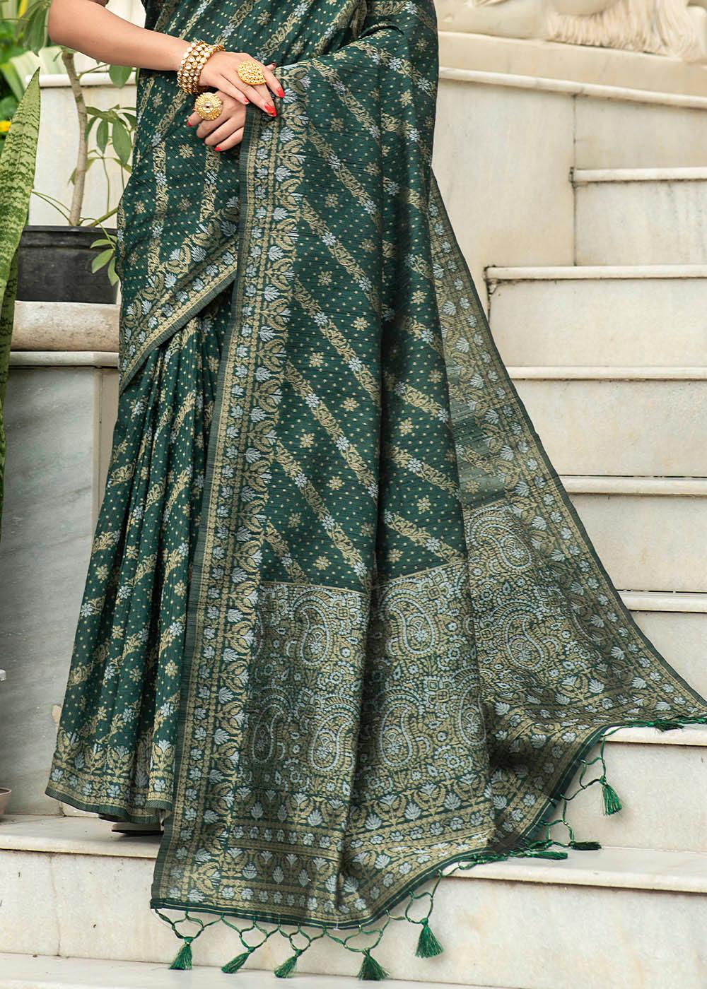 Sacramento Green Zari Woven Tussar Silk Saree with Tassels on Pallu | Stitched Blouse - qivii