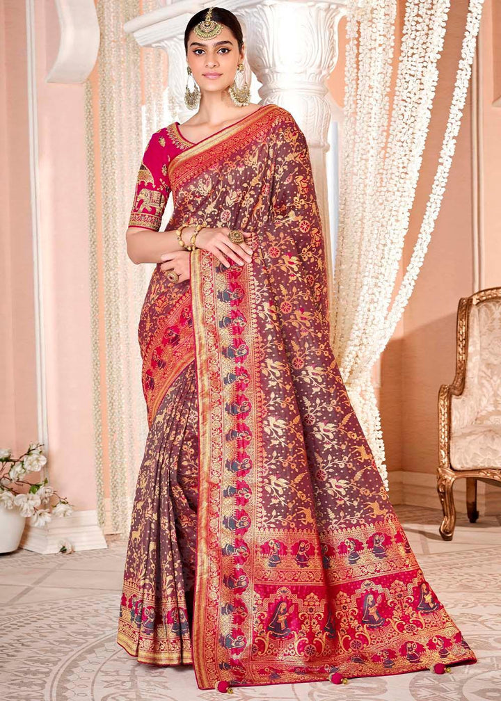 Saddle Brown Woven Banarasi Silk Saree with Embroidered Blouse | Stitched Blouse - qivii